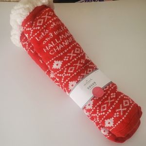 Hallmark Movie channel red white grip socks Faux shearling lined cozy one size
